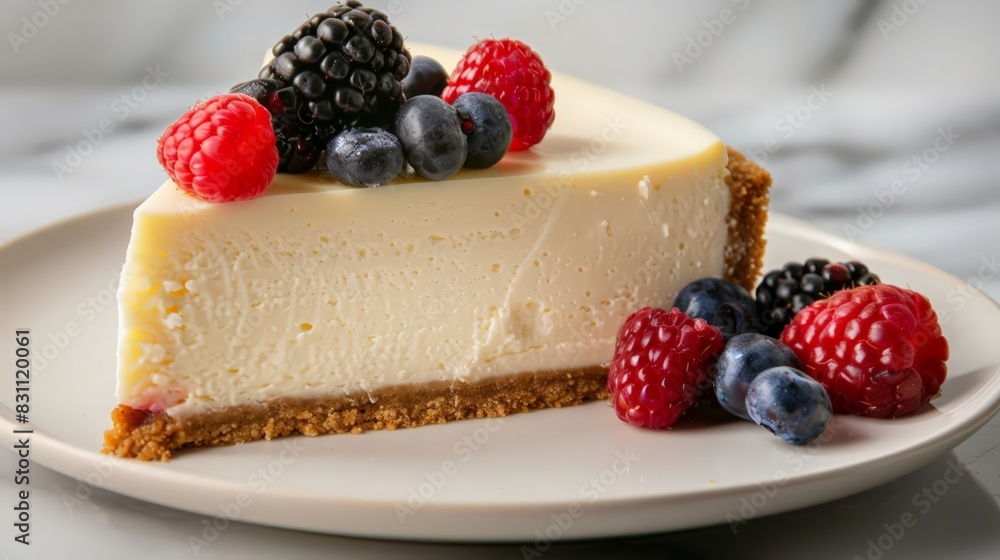 Satisfy your sweet tooth with a slice of New York cheesecake, its creamy texture and rich flavor enhanced with a graham cracker crust and a topping of fresh berries. Satisfy your sweet tooth with a slice of New York cheesecake, its creamy texture and rich flavor enhanced with a graham cracker crust and a topping of fresh berries.