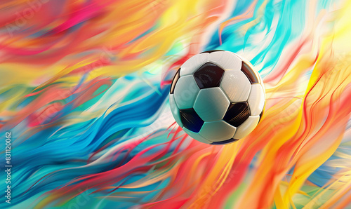 Soccer ball with colorful abstract fluid background. 2024 football competition background template © Reni