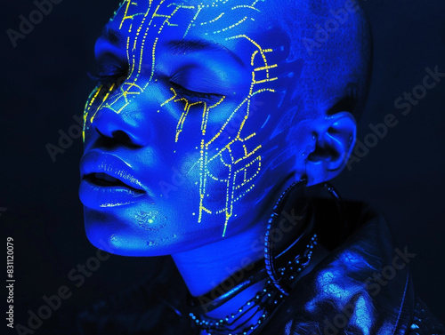 Studio photo of a Black person with phosphorescent paint and ultraviolet ligh