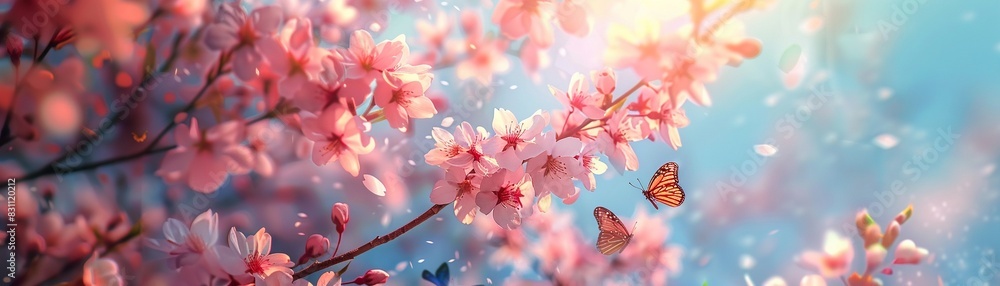 Pink sakura blossoms with blue sky background, butterflies fluttering, dreamy spring scene, AI generated, romantic and artistic, Illustration 8K , high-resolution, ultra HD,up32K HD