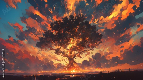 Ethereal tree with fiery leaves against a dramatic sunset sky in a digital artwork, evoking themes of fantasy, nature's power, and mystical landscapes