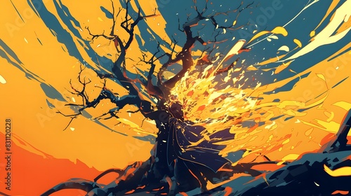 Energetic digital illustration featuring a vibrant tree bursting with explosive colors against a sunset palette, evoking dynamism and surreal beauty in a fantasy landscape