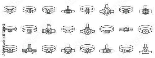 Headlamp icons set vector. A collection of different types of rings and bracelets. The rings and bracelets are all different shapes and sizes, and they are all lined up in a row