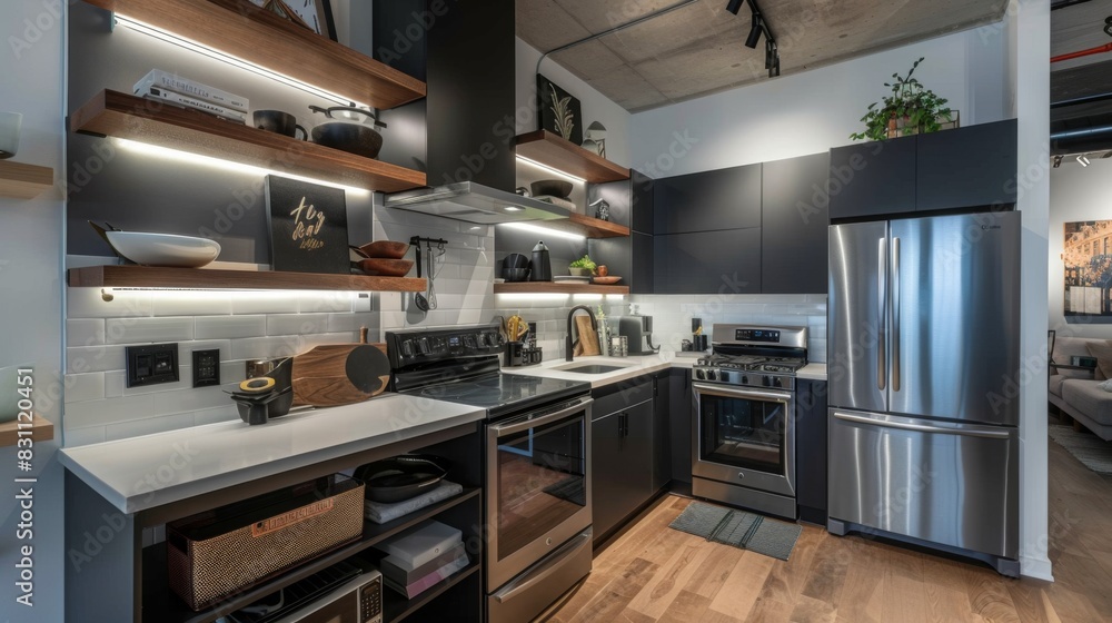 Compact urban kitchen with efficient use of space, featuring modern appliances, open shelving, and stylish decor, perfect for city living Compact urban kitchen with efficient use of space, featuring modern appliances, open shelving, and stylish decor, perfect for city living