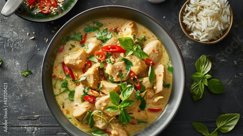 Savor the vibrant taste of Thai green curry, a harmonious blend of spicy green chilies, creamy coconut milk, and tender chicken, enhanced with fresh herbs and vegetables.