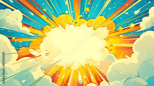 Dynamic explosion, rays, and halftone dots in a vibrant retro comic book style background - ideal for superhero themes, pop art designs, and creative marketing materials