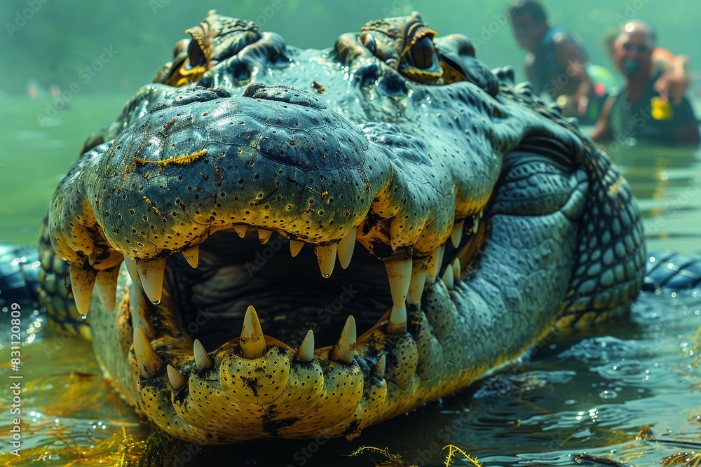 Obraz premium A crocodile, a alligator with its jaws wide open basks in the midday sun by the pond.