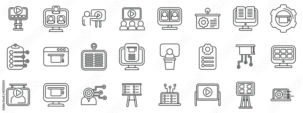 Classroom management software icons set vector. A set of icons for a computer screen. The icons include a computer monitor, keyboard, mouse, and a projector Classroom management software icons set vector. A set of icons for a computer screen. The icons include a computer monitor, keyboard, mouse, and a projector
