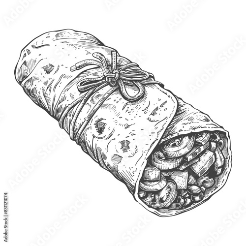 burrito food with engraving sketch style black color only