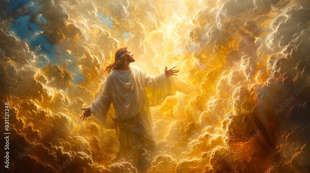 Fototapeta premium Jesus Ascending Through Heavenly Clouds. Generative AI