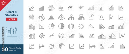 Business Graph and Charts Line Icons Set. Statistics, Analytics, Data, Financial Chart, Diagrams, Economy, Money, Candlesticks, Bar Charts, Pie Charts Etc. Editable Stroke Vector Illustration. 