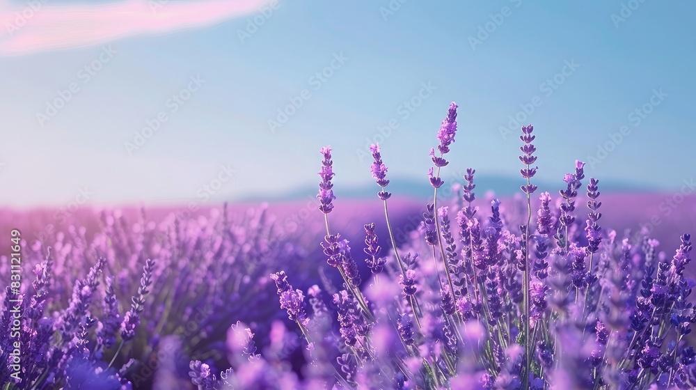 Naklejka premium Field of lavender with a clear blue sky, illustrating the beauty and tranquility of natural landscapes