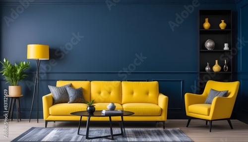 A huge living room's accent lounge. blue and yellow hues. The dark blue wall is empty, and a bright yellow sofa has mustard undertones. a mockup of a contemporary interior. 3D Render photo
