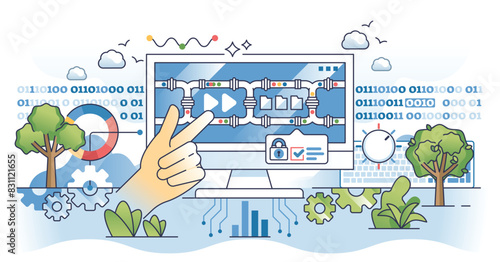 Data pipeline software for web information automation outline hands concept. Secure database structuring and management using AI application for effective automatic process vector illustration.