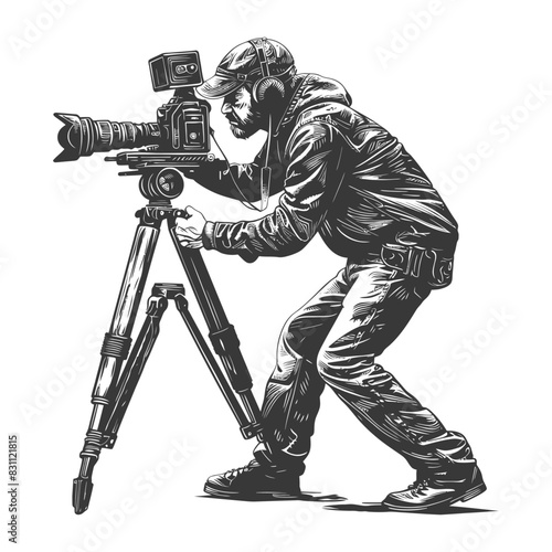 cameraman in action full body with engraving sketch style black color only