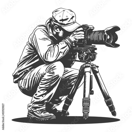 cameraman in action full body with engraving sketch style black color only