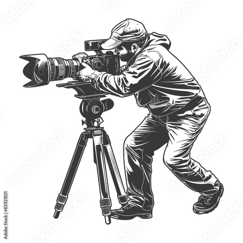 cameraman in action full body with engraving sketch style black color only