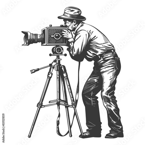 cameraman in action full body with old engraving sketch style black color only