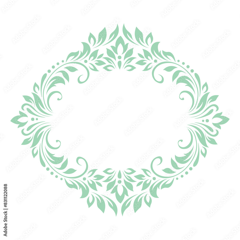 Round vintage frame, wreath, border of stylized leaves, flowers and curls. Retro, victorian style. Green lines on white background. Vector background, wallpaper, card