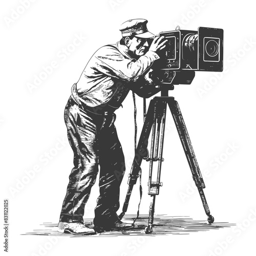cameraman in action full body with old engraving sketch style black color only