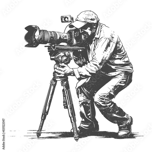 cameraman in action full body with old engraving sketch style black color only