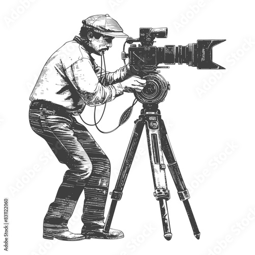 cameraman in action full body with old engraving sketch style black color only