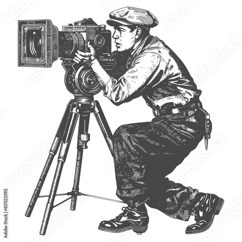 cameraman in action full body with old engraving sketch style black color only