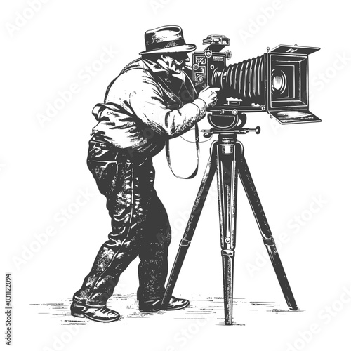 cameraman in action full body with old engraving sketch style black color only