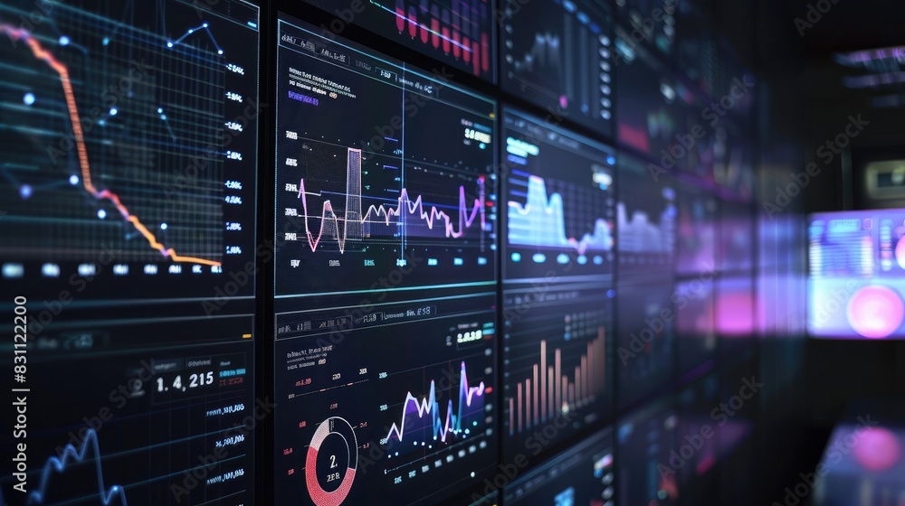 Financial data visualizations on a digital screen, representing business intelligence and strategy Financial data visualizations on a digital screen, representing business intelligence and strategy