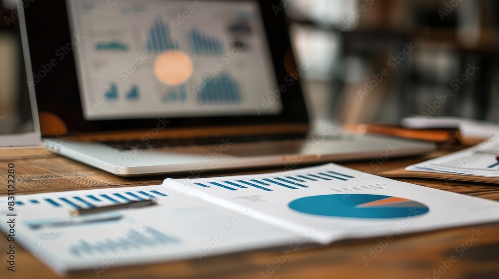 Financial reports and a laptop on a desk, representing analysis and decision-making Financial reports and a laptop on a desk, representing analysis and decision-making