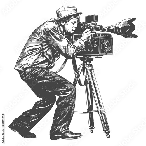 cameraman in action full body with old engraving sketch style black color only