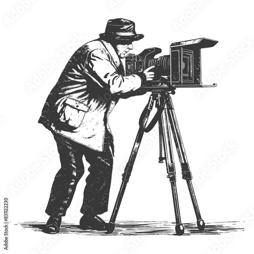 cameraman in action full body with old engraving sketch style black color only