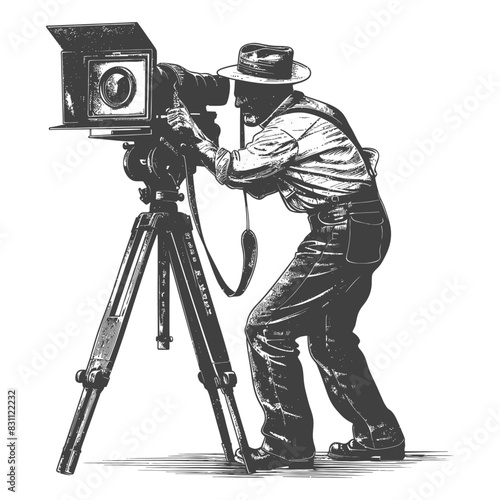 cameraman in action full body with old engraving sketch style black color only