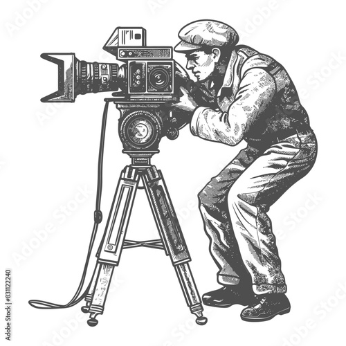 cameraman in action full body with old engraving sketch style black color only