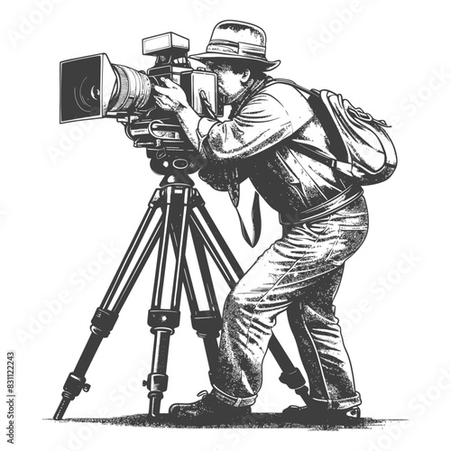 cameraman in action full body with old engraving sketch style black color only