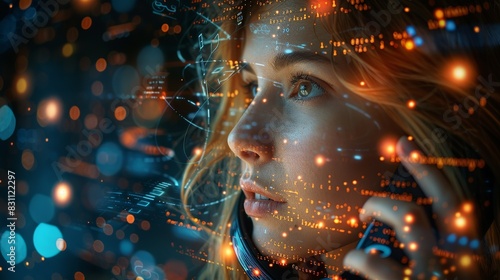 A businesswoman on a phone call with her figure intertwined with digital code and algorithms  reflecting the role of technology in modern communication. Minimal and Simple style