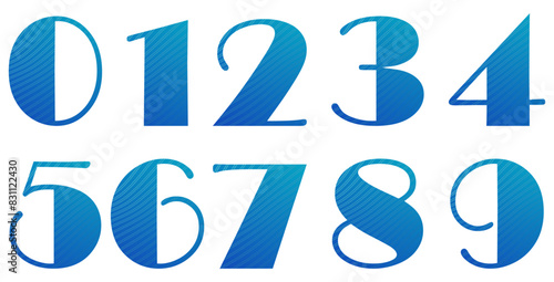 Set of blue numbers with pattern isolated on white. Alphabet with numbers. Vector graphic elements for design. Abstract pattern with lines