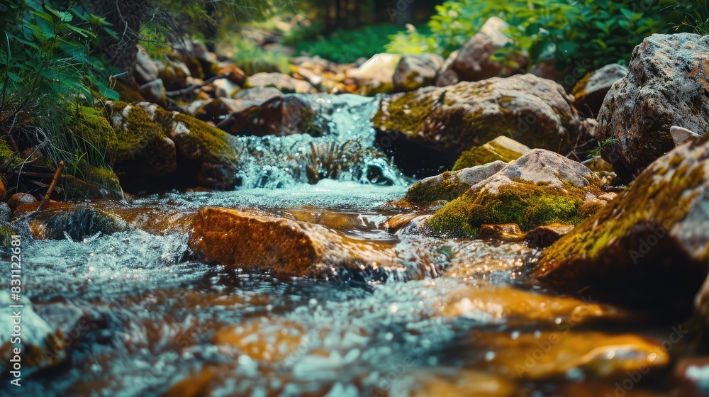 Fototapeta premium Forest stream with clear water flowing over rocks, illustrating natural water sources and ecosystem health
