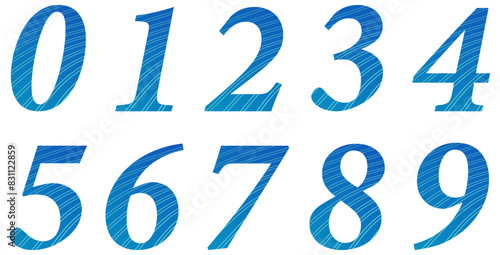 Set of blue numbers with pattern isolated on white. Alphabet with numbers. Vector graphic elements for design. Abstract pattern with lines photo