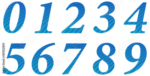 Set of blue numbers with pattern isolated on white. Alphabet with numbers. Vector graphic elements for design. Abstract pattern with lines