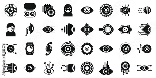 Eye implants icons set vector. A collection of black and white icons, including a person with a watch, a person with a camera, and a person with a computer