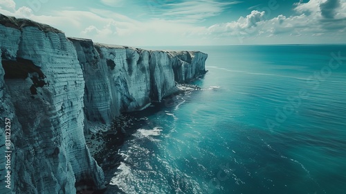 Aerial view of the White Cliffs of Dover in England, with their striking white chalk faces rising from the blue waters of the English Channel. photo