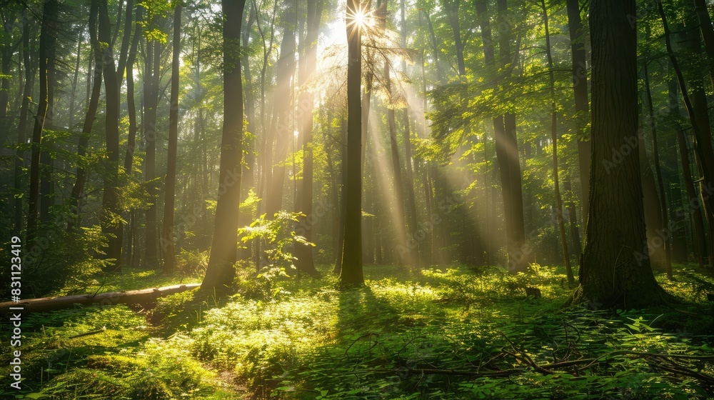 Obraz premium Lush green forest with sunlight filtering through the trees, symbolizing natural beauty and conservation