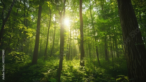 Lush green forest with sunlight filtering through the trees, symbolizing natural beauty and conservation