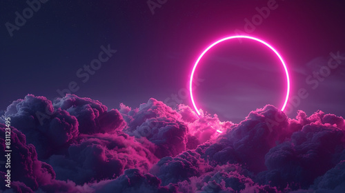 Magenta neon ring enhances a dark sky with its soft glow, captured in a 3D panoramic frame, photo