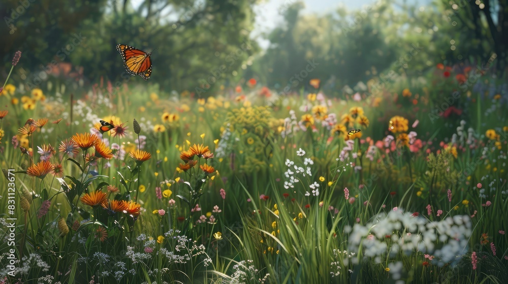 Lush green meadow with wildflowers and butterflies, representing biodiversity and the beauty of nature