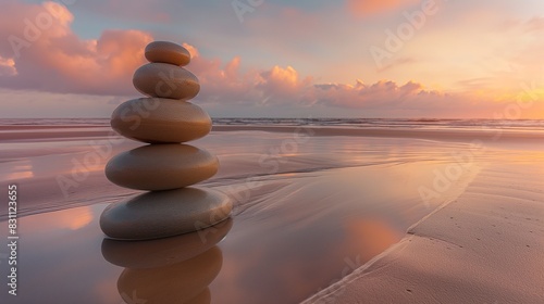 A tranquil scene of smooth  stone ellipsoids stacked in a precise  balancing act on a deserted beach at sunset  the warm colors of the sky reflecting off the wet sand.