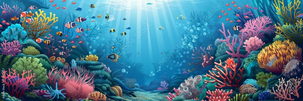 Fish and coral reefs under the sea. Underwater world with seaweeds and sea animals Fish and coral reefs under the sea. Underwater world with seaweeds and sea animals