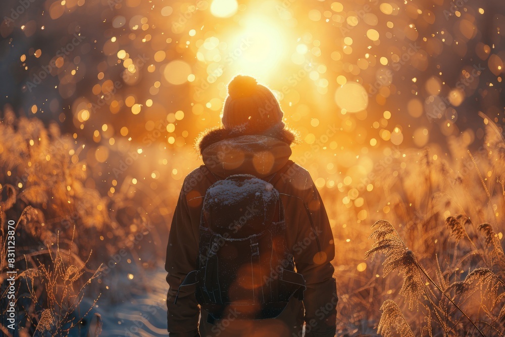 A solitary figure gazes at the sunrise, cloaked in winter gear, amidst a frosted meadow with golden light and snowflakes A solitary figure gazes at the sunrise, cloaked in winter gear, amidst a frosted meadow with golden light and snowflakes