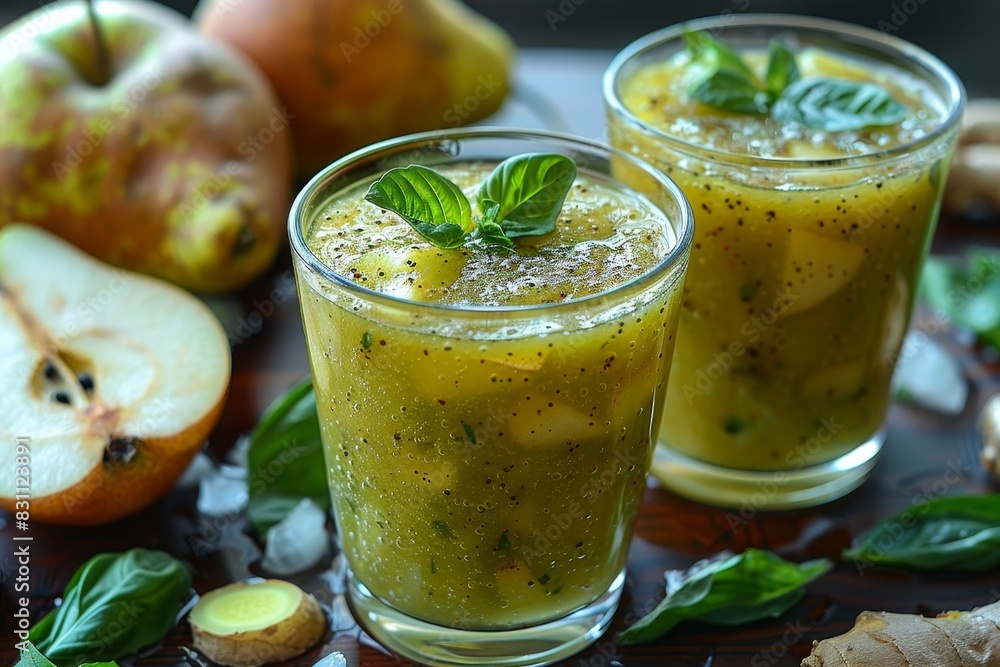 Pear Ginger Smoothie - Light green with pear slices and a hint of ginger.